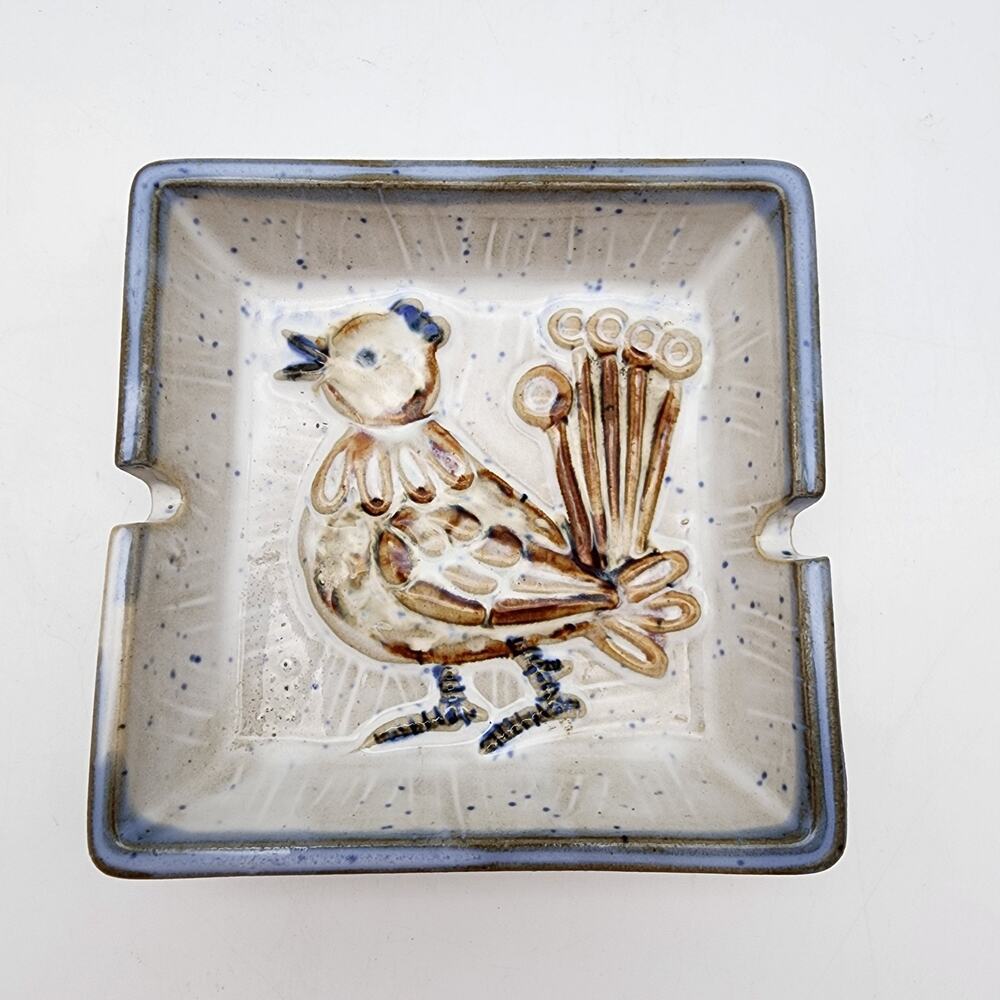 Vintage Raj California Peacock Bird Ashtray Trinket Dish Speckled Stoneware MCM